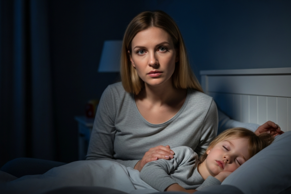 A mother watches her toddler sleep at night.