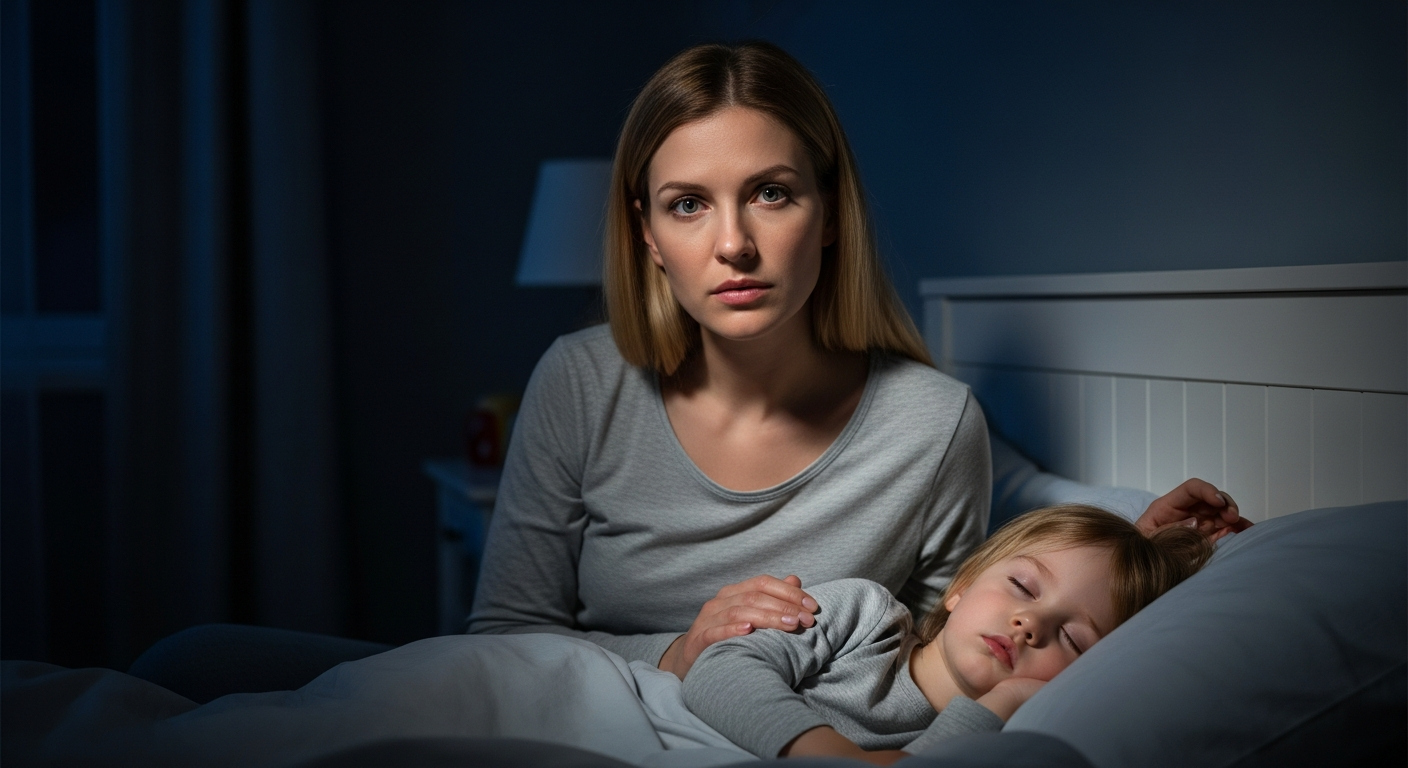 A mother watches her toddler sleep at night.