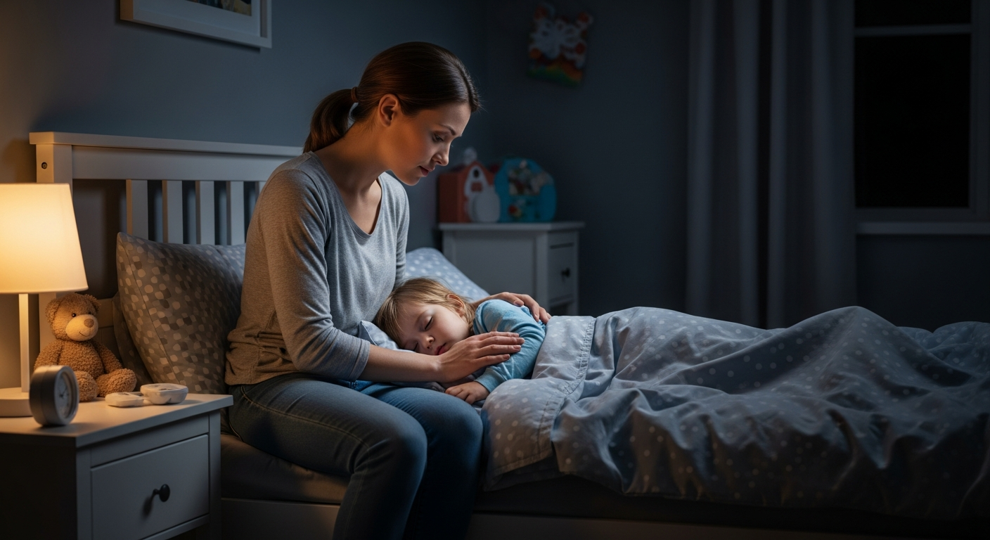 A mother comforts her child in bed at night.