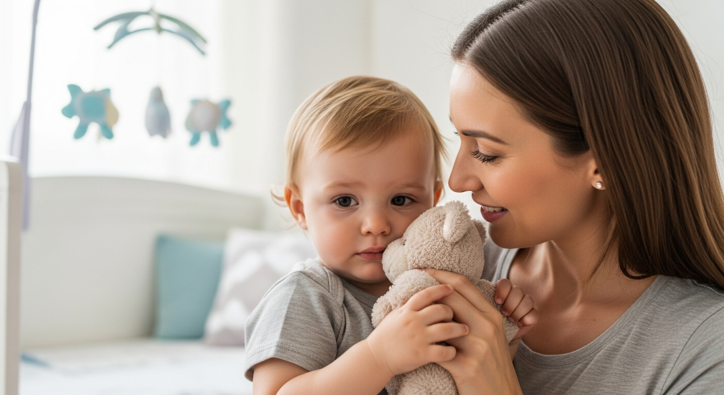 A mother comforts her toddler in a nursery.