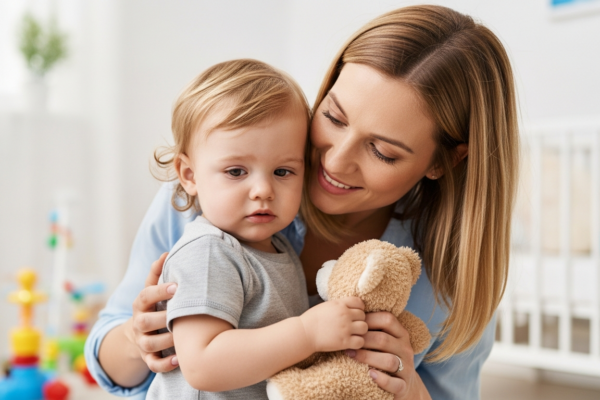 A mother comforts her toddler during pacifier weaning.