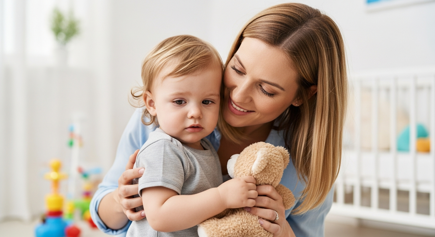 A mother comforts her toddler during pacifier weaning.