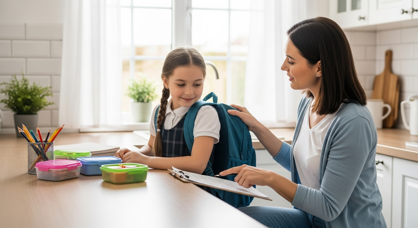 A mother helps her daughter pack her backpack for school in the kitchen.