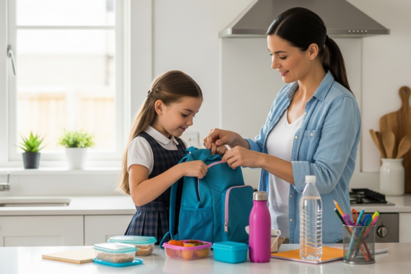 A mother helps her daughter pack her school bag in the kitchen.
