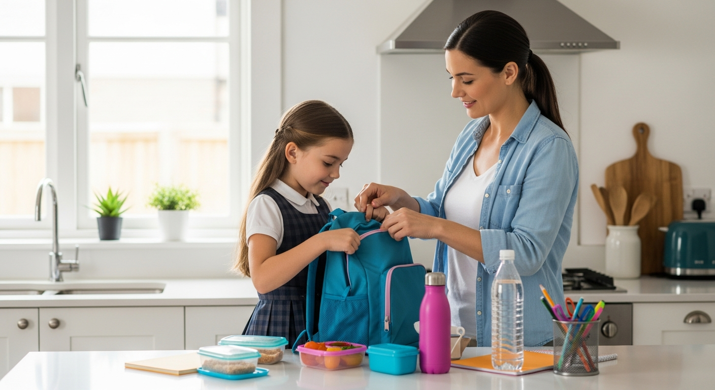 A mother helps her daughter pack her school bag in the kitchen.