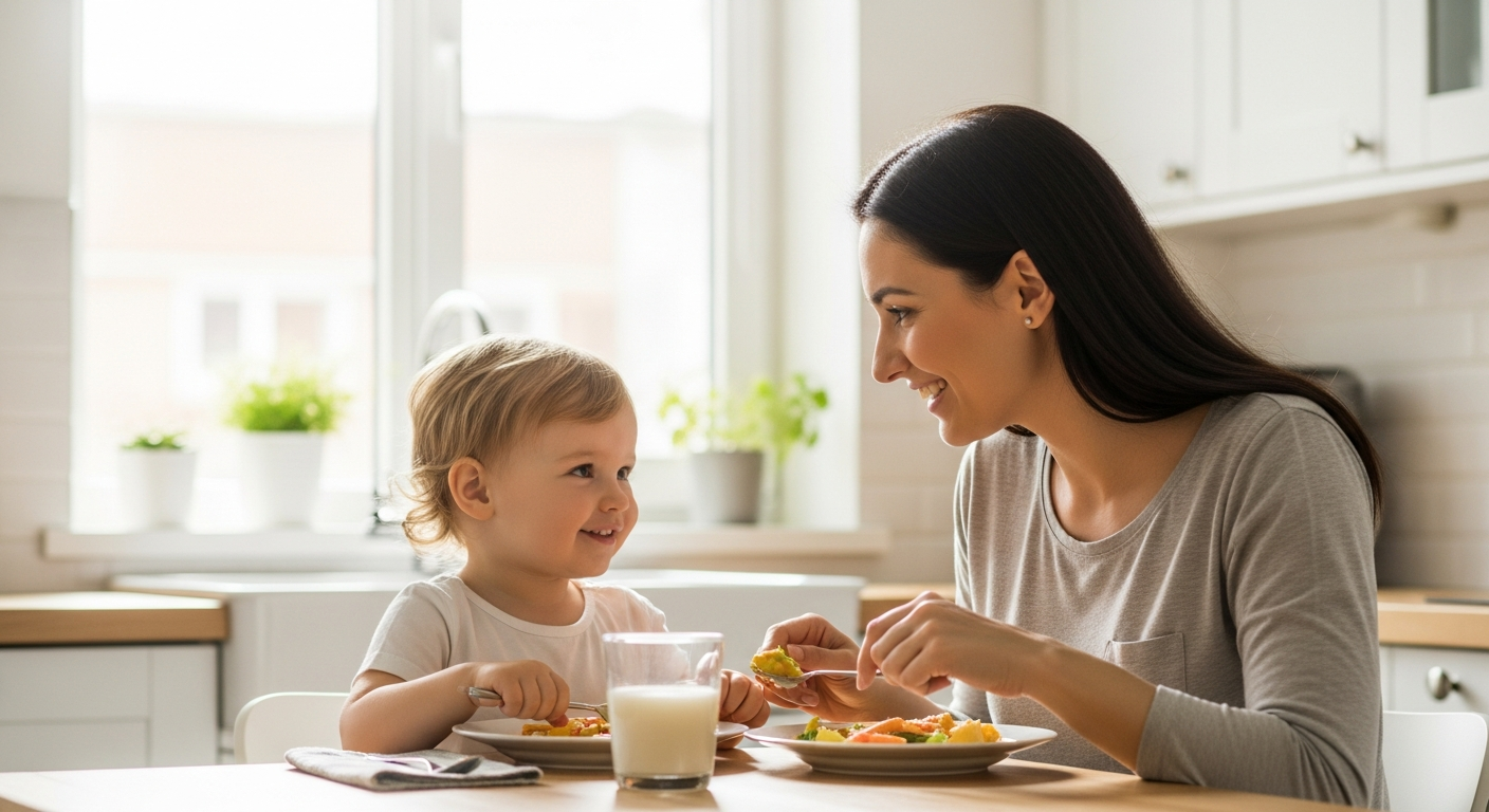 A mother helps her toddler eat at the kitchen table.