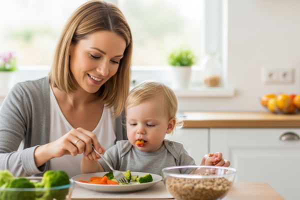 A mother helps her toddler eat a healthy meal at the kitchen table.