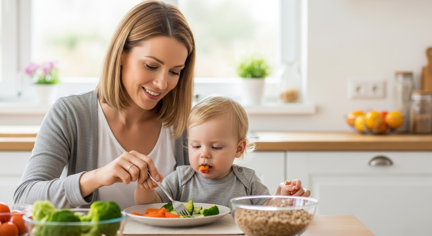 A mother helps her toddler eat a healthy meal at the kitchen table.