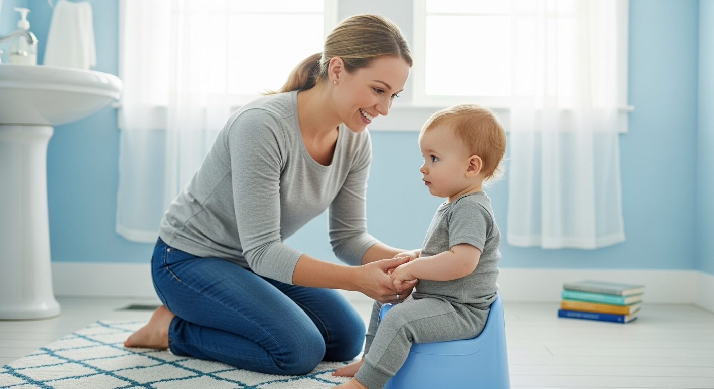 A mother helps her son with potty training in the bathroom.
