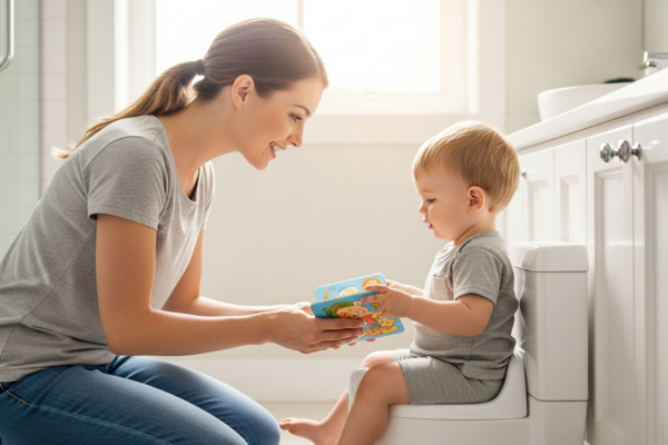 A mother helps her toddler with potty training in a bright bathroom.