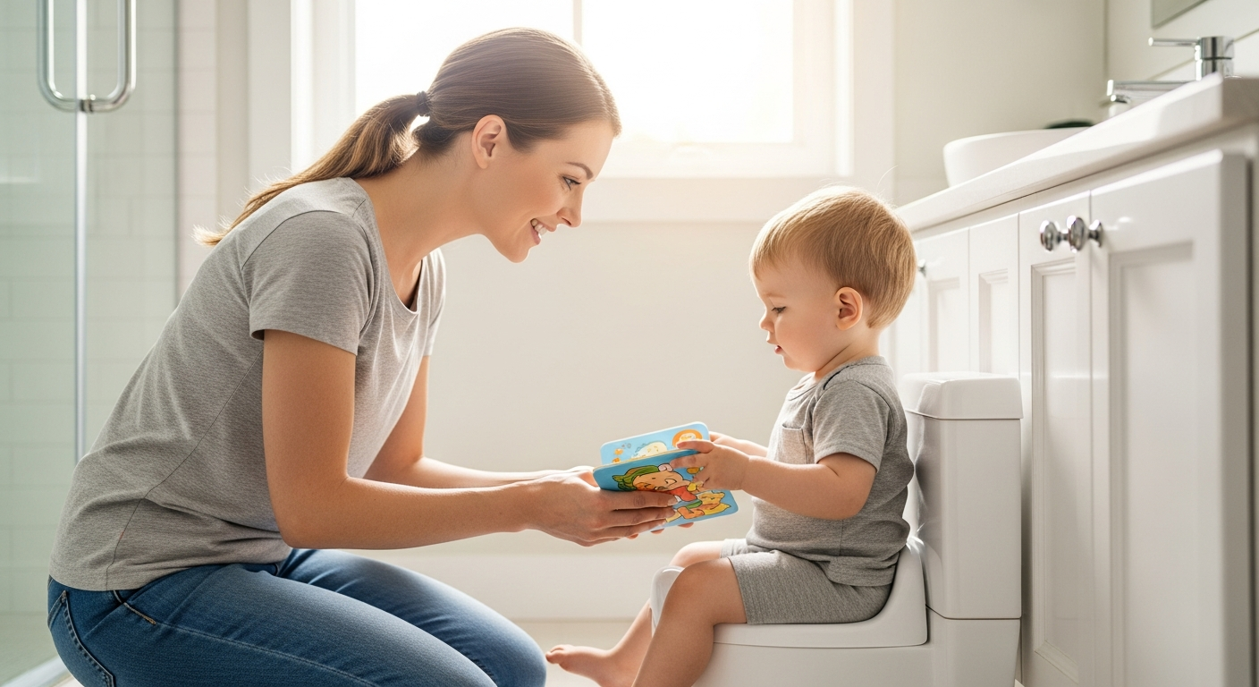 A mother helps her toddler with potty training in a bright bathroom.