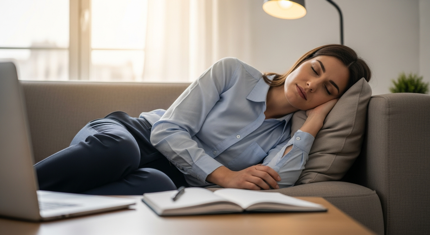 A woman is taking a nap on a couch in an office.