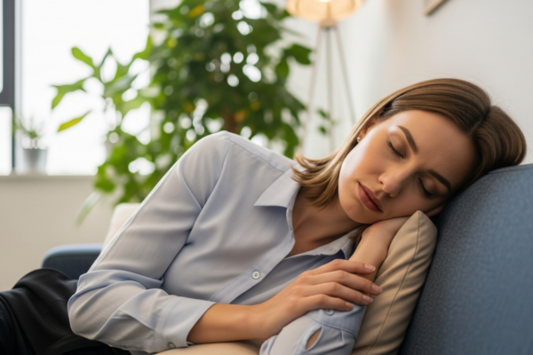 A woman is taking a nap on a couch in an office.