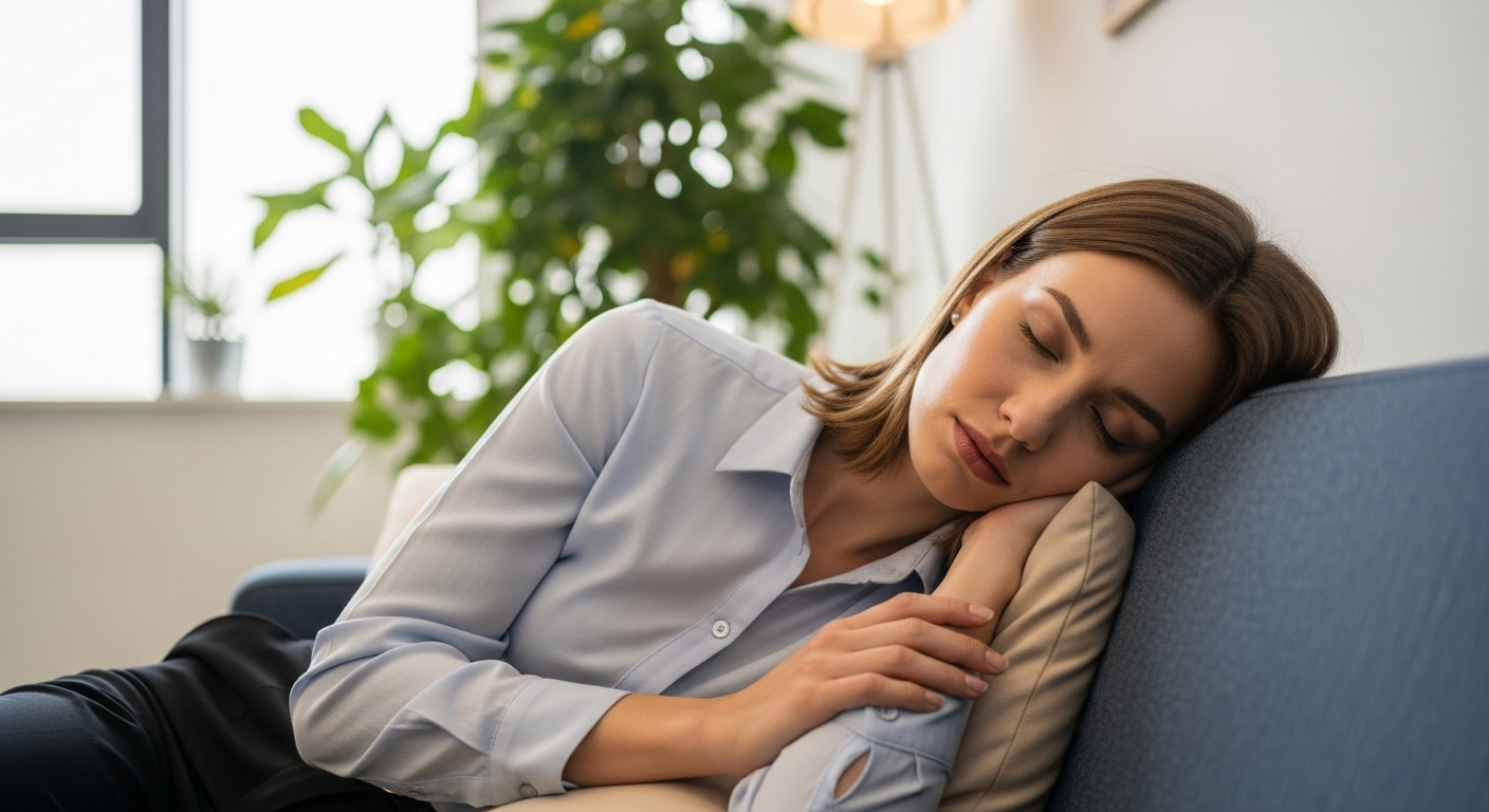 A woman is taking a nap on a couch in an office.