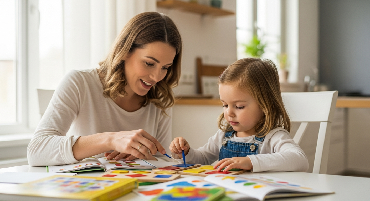 A mother and her daughter play an educational game at a table.