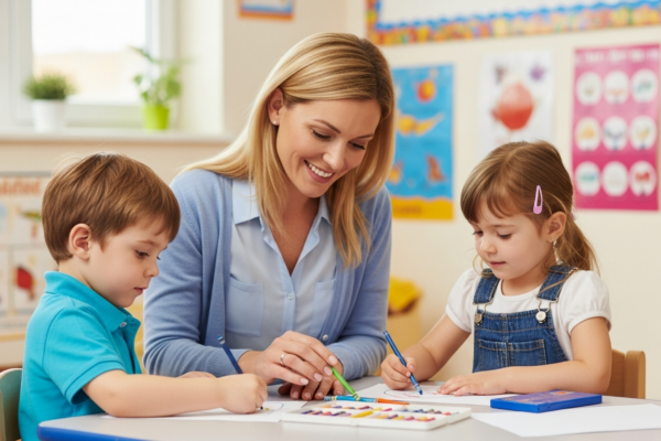 A teacher helps two young children with an art project in a classroom.