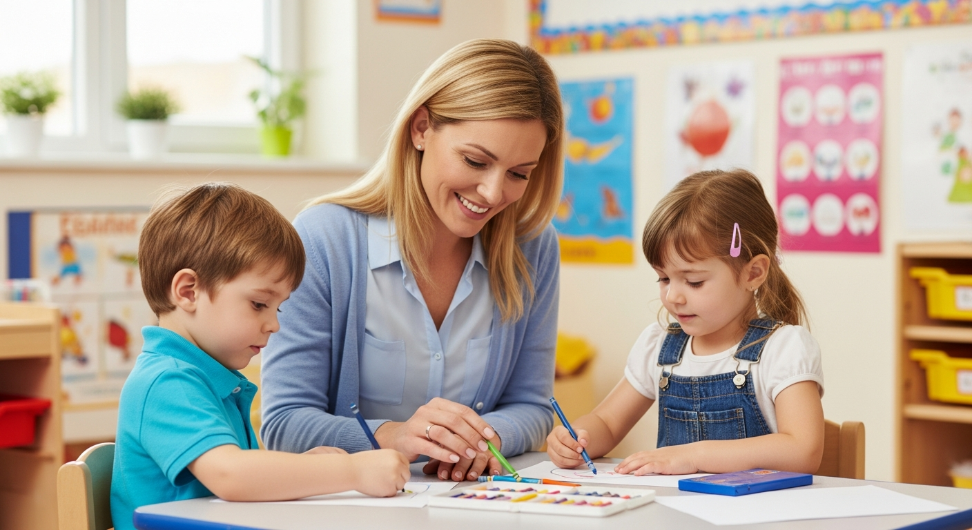 A teacher helps two young children with an art project in a classroom.