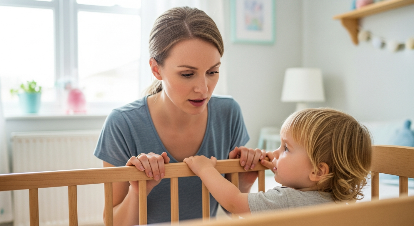 A mother watches her toddler reaching up in a crib.