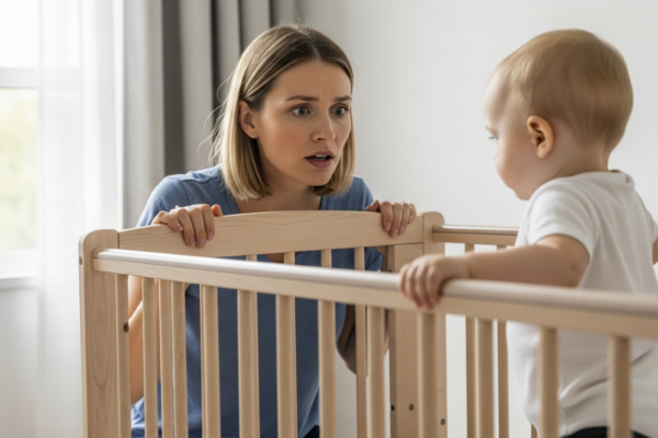 Mother looking at toddler standing in crib