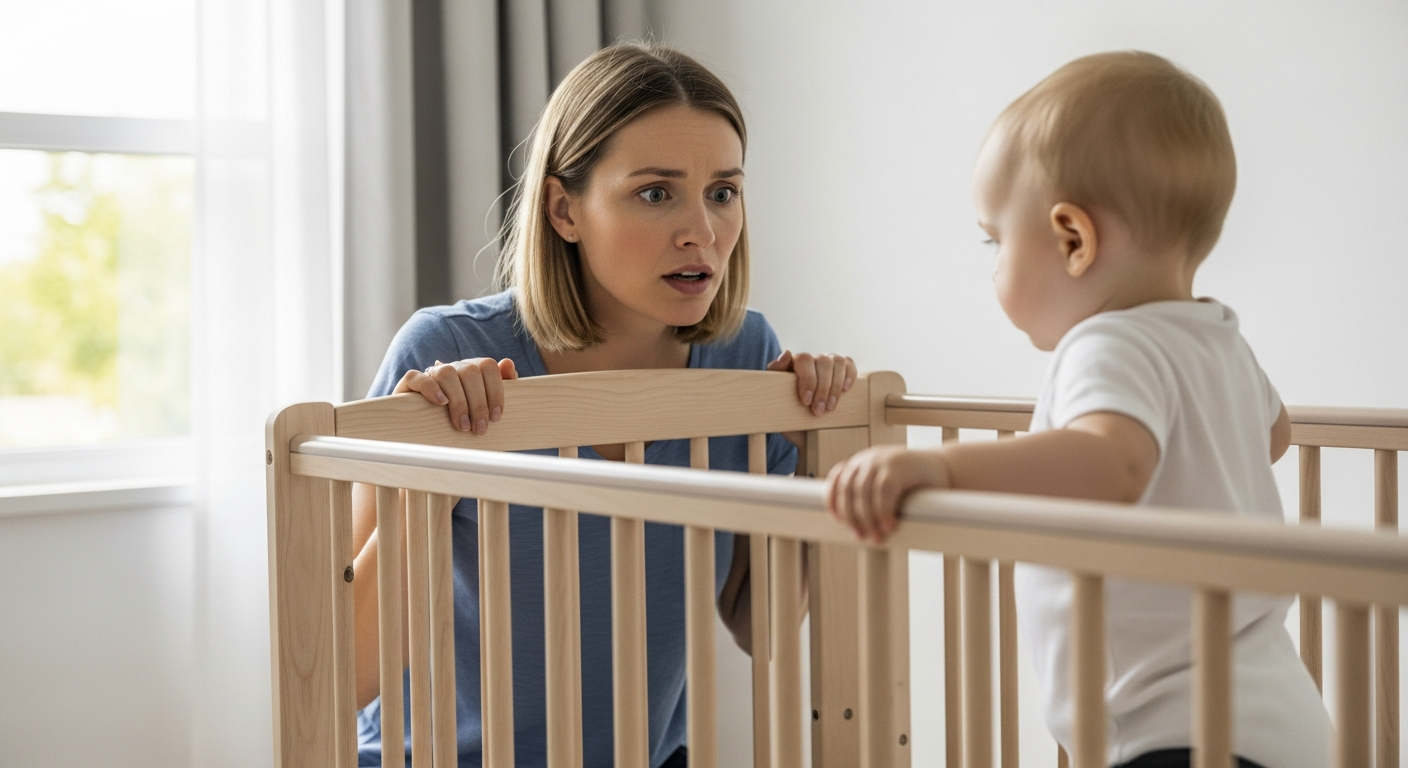 Mother looking at toddler standing in crib