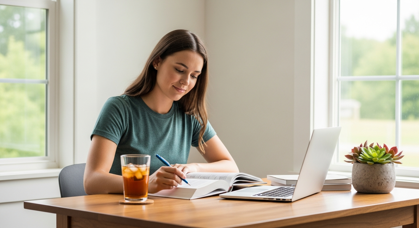A young woman studies at a desk in a bright room.