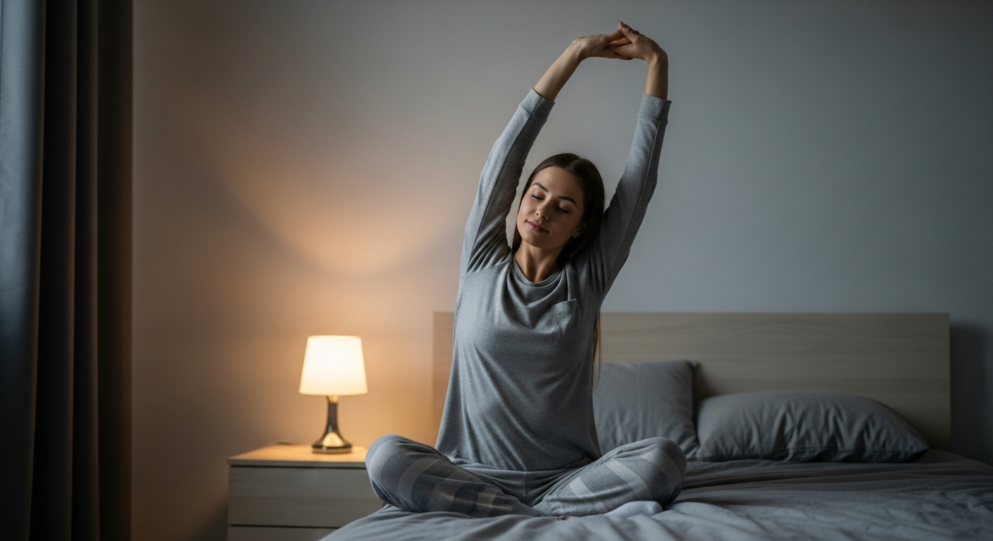 Woman stretching on her bed before going to sleep