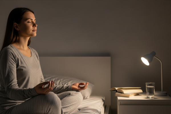 Woman relaxing on her bed before sleep