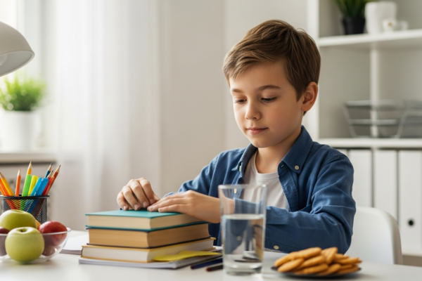 A young boy organizes his schoolwork at his desk.