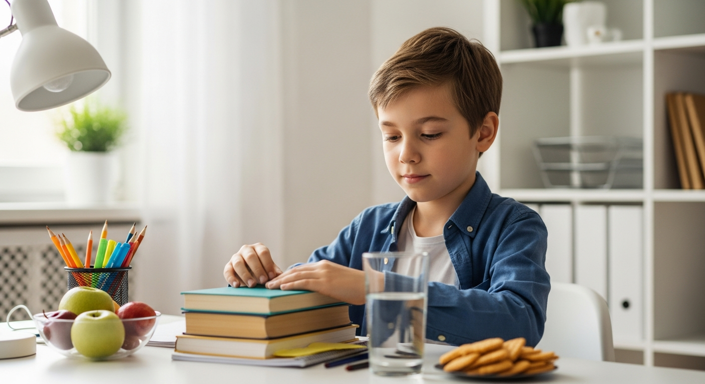 A young boy organizes his schoolwork at his desk.