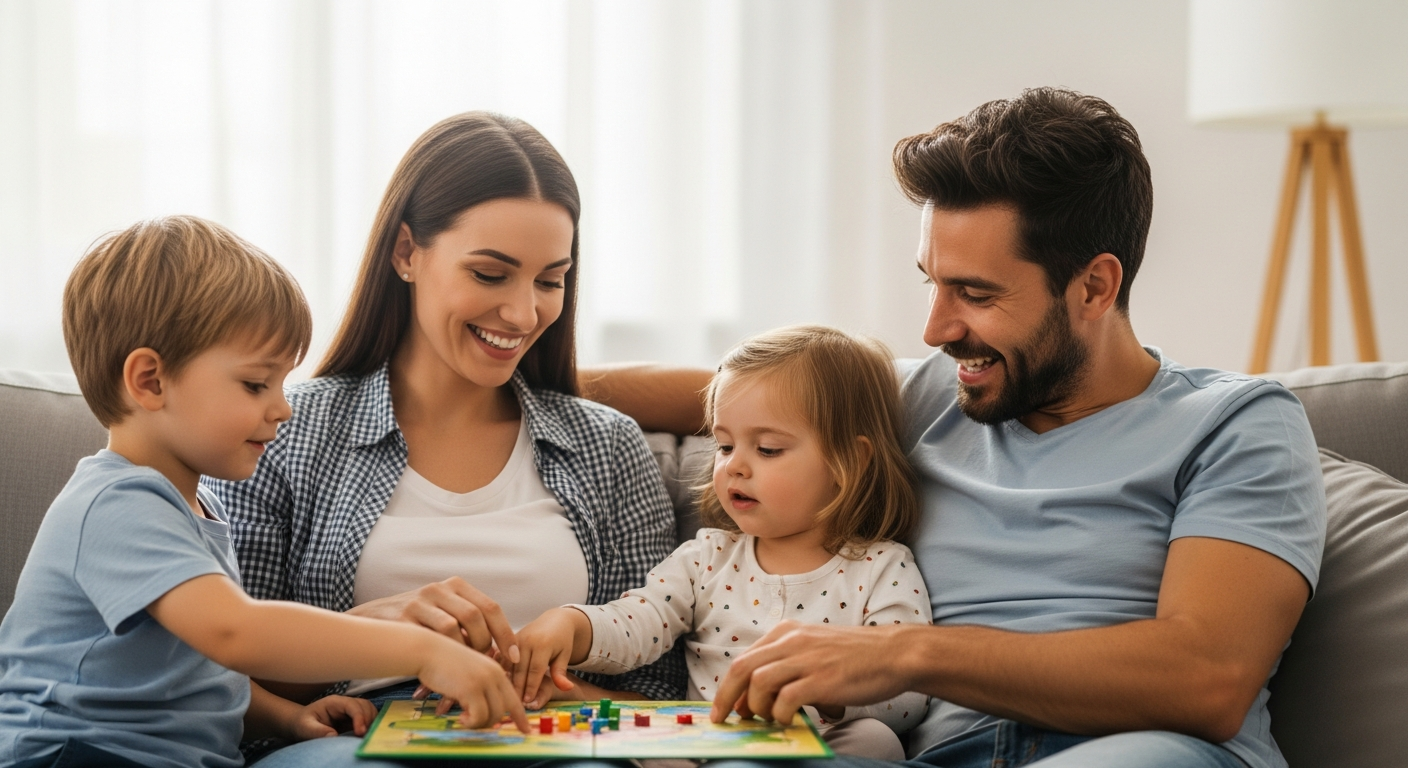 Family playing a board game in their living room