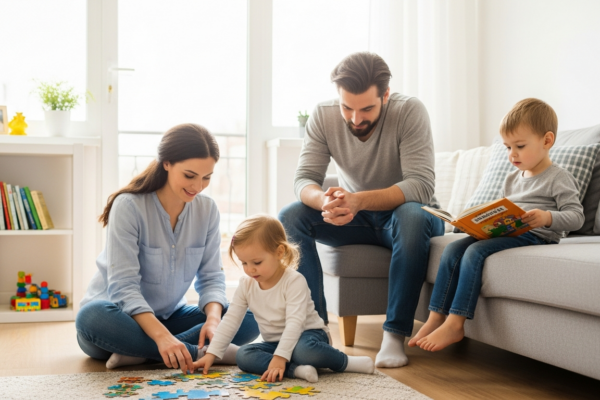 Family enjoying a relaxing weekend morning at home