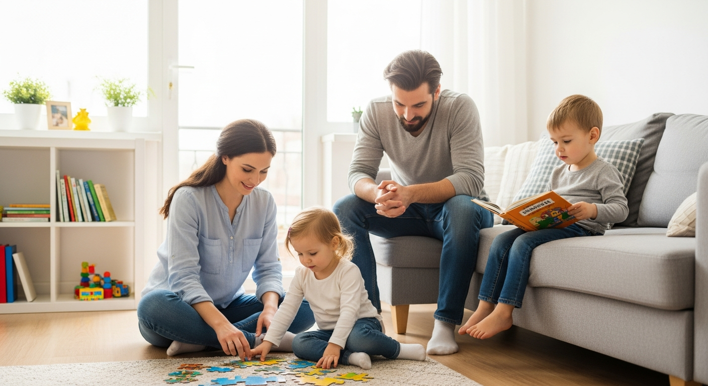 Family enjoying a relaxing weekend morning at home