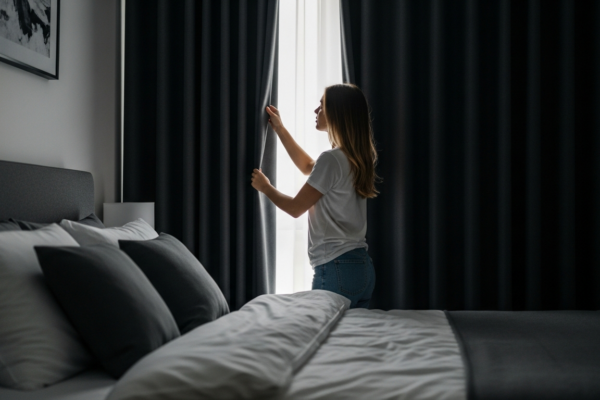 A woman adjusts blackout curtains in a bedroom
