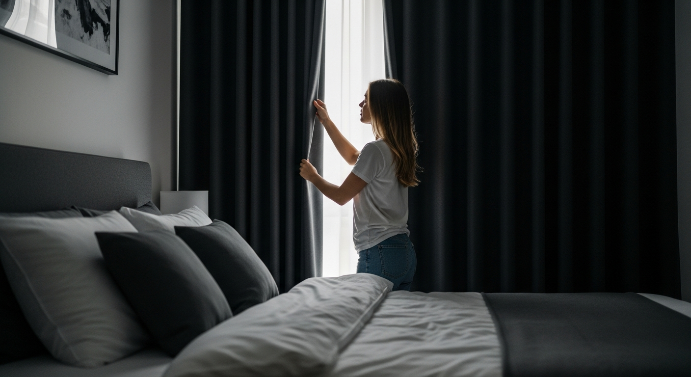 A woman adjusts blackout curtains in a bedroom