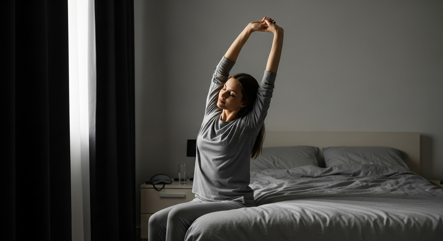 Woman stretching in bedroom to reset circadian rhythm