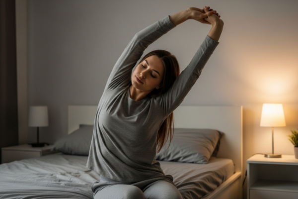 A woman stretches in her bedroom before going to sleep.