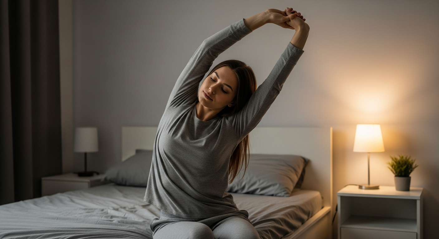A woman stretches in her bedroom before going to sleep.