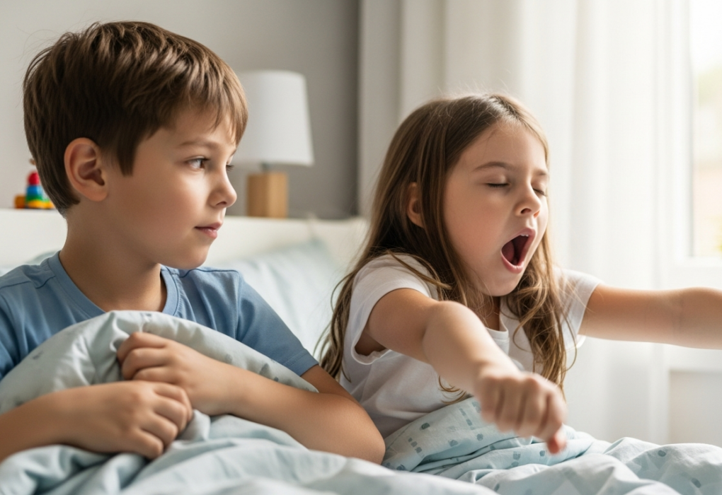 A boy and a girl are in their shared bedroom preparing for sleep.