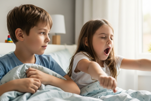 A boy and a girl are in their shared bedroom preparing for sleep.