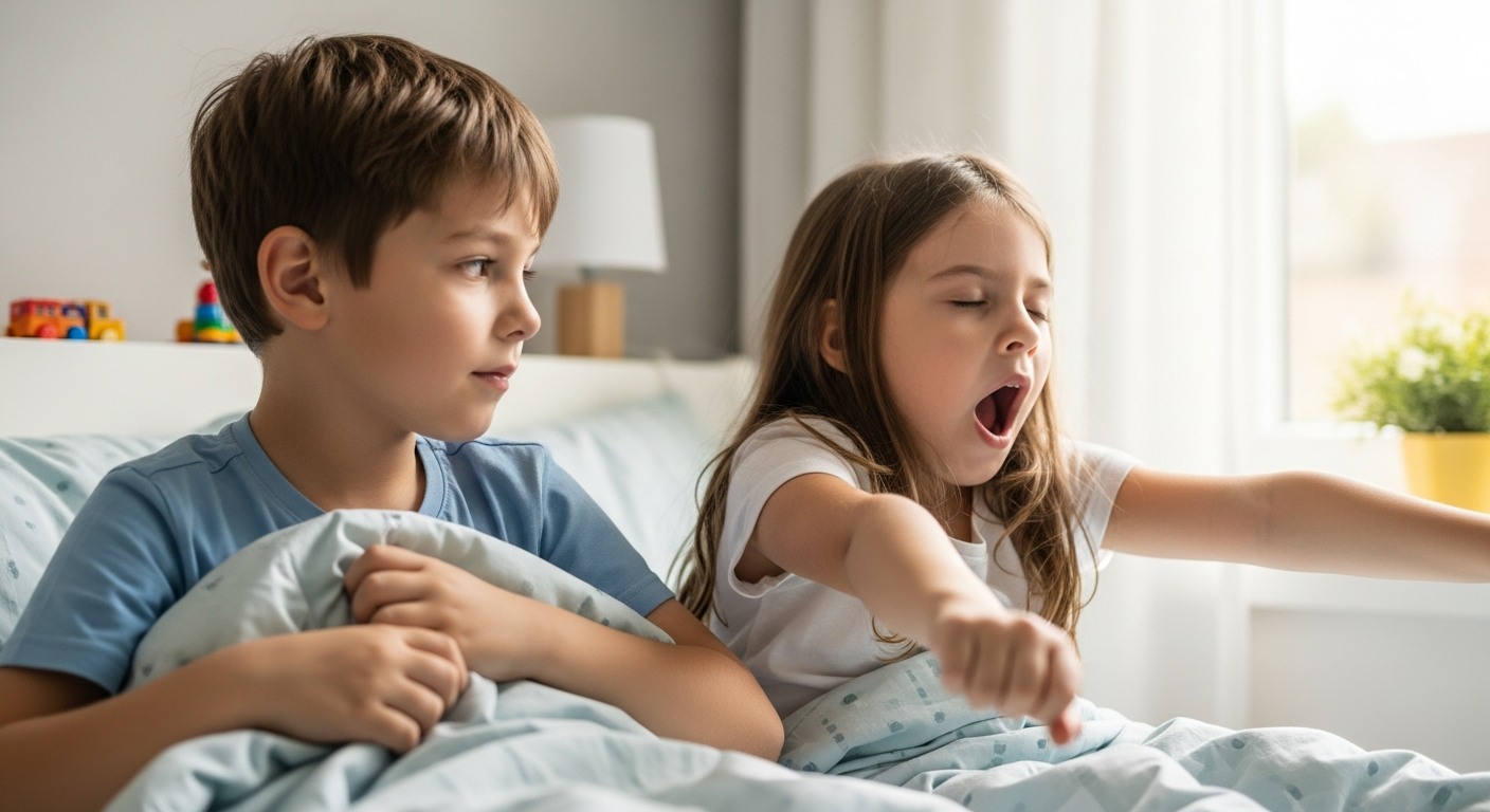 A boy and a girl are in their shared bedroom preparing for sleep.