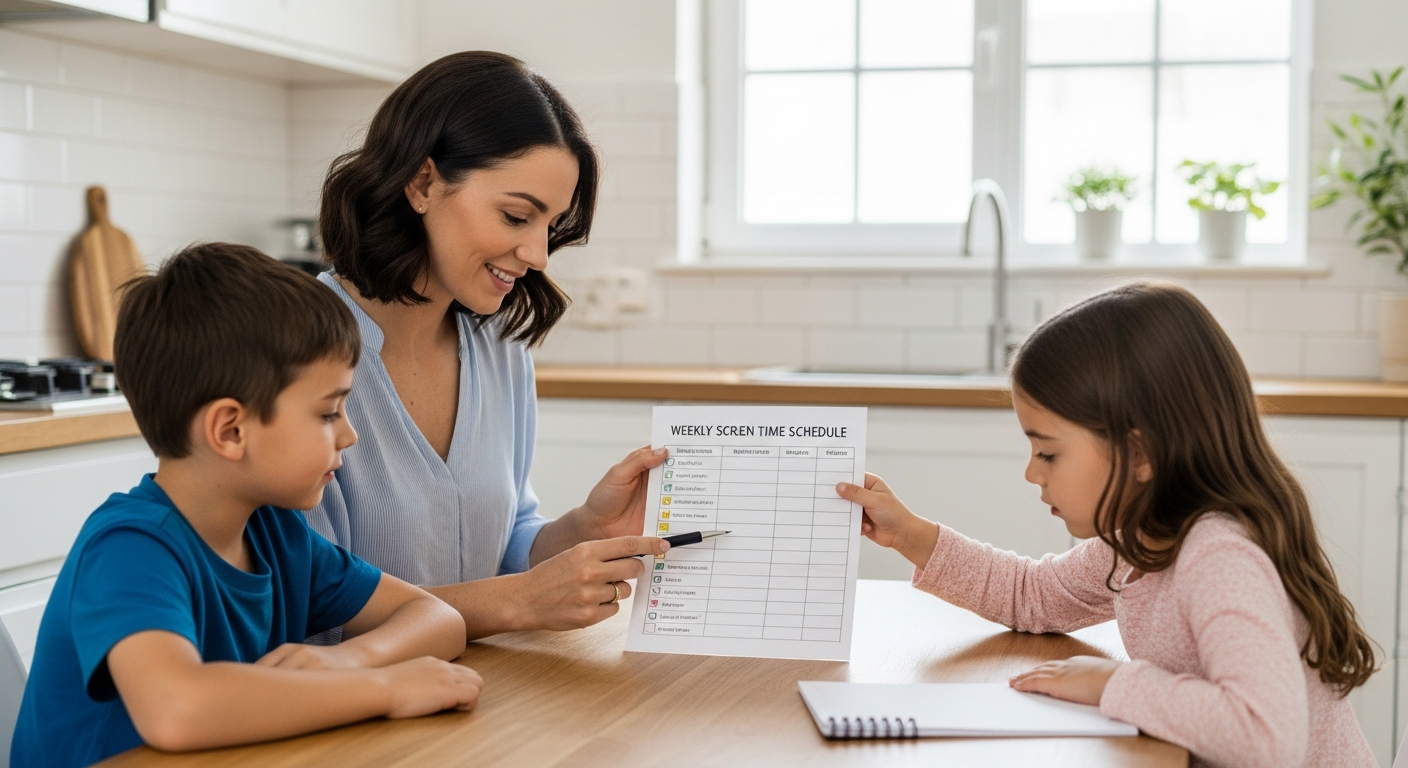 A mother shows her children a screen time schedule in the kitchen.