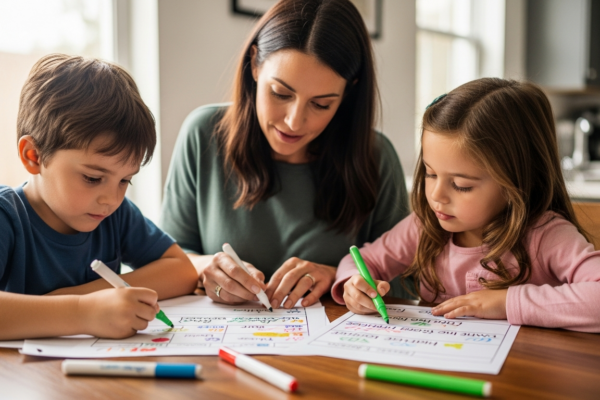 A mother helps her children create a screen time schedule at their kitchen table.