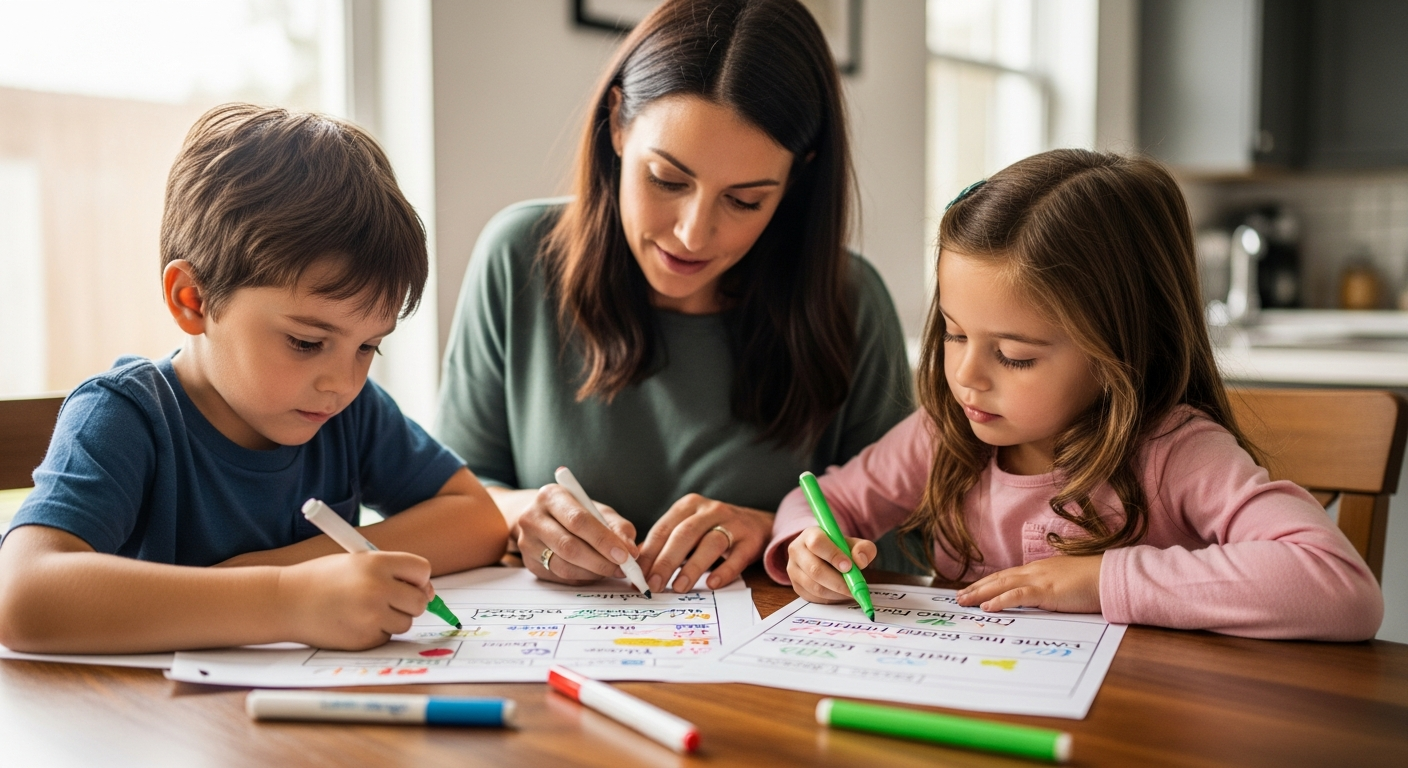 A mother helps her children create a screen time schedule at their kitchen table.