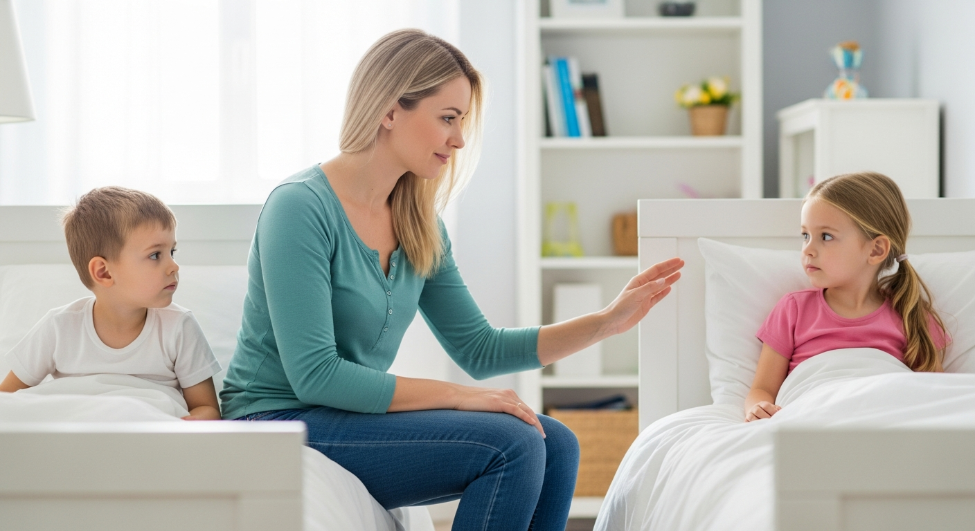 A mother calms her son and daughter in their bedroom at bedtime.