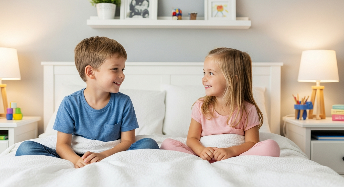 A boy and a girl are sitting in their shared bedroom.