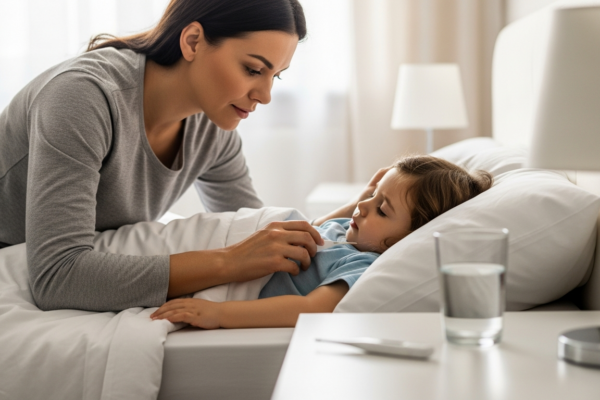 A woman cares for her sick child in bed.