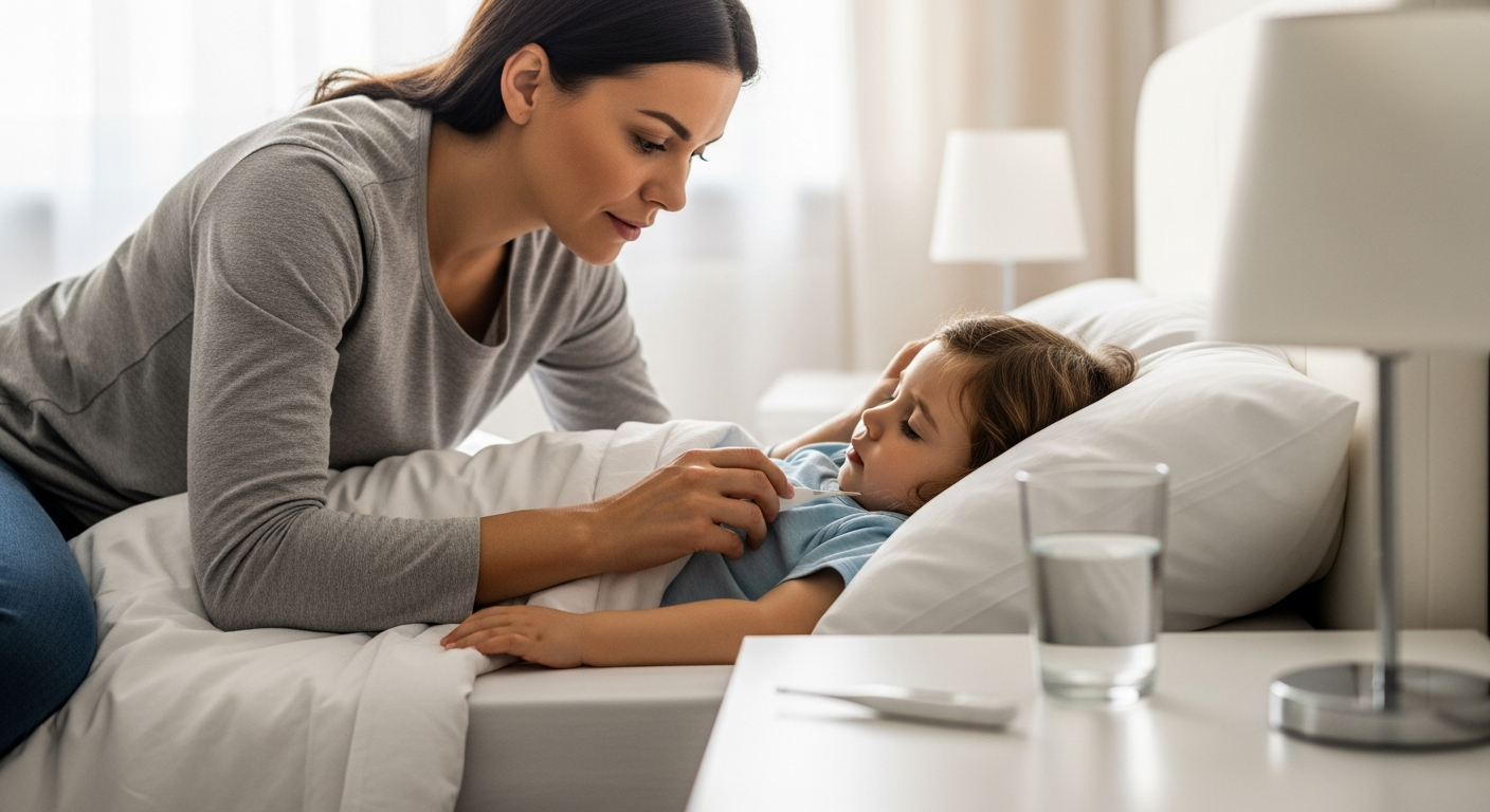 A woman cares for her sick child in bed.
