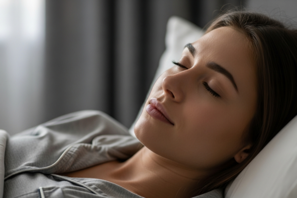A woman is sleeping peacefully in her bed.