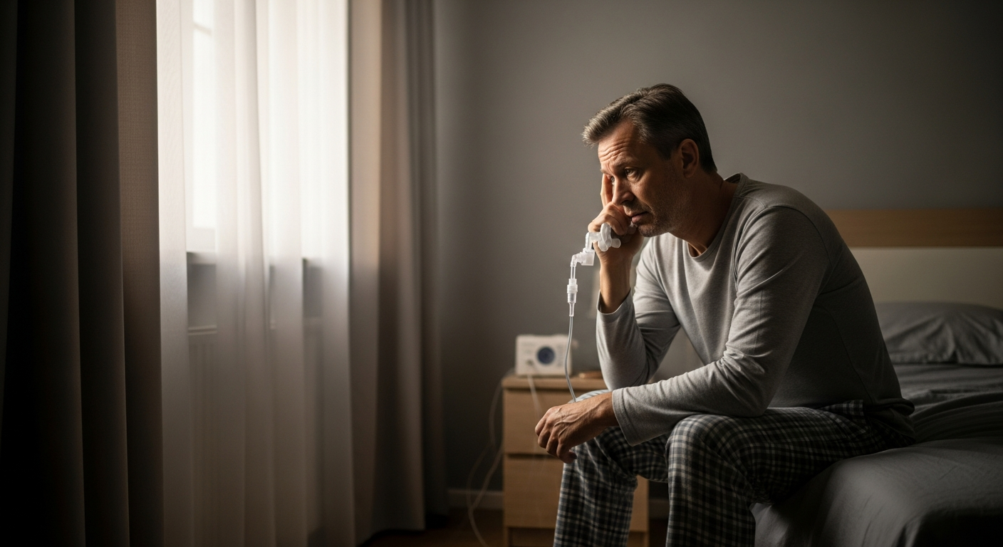 A man sits on his bed, looking worried about sleep apnea symptoms.