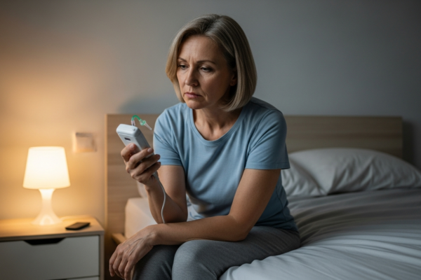 A woman is holding a sleep apnea device in her bedroom.